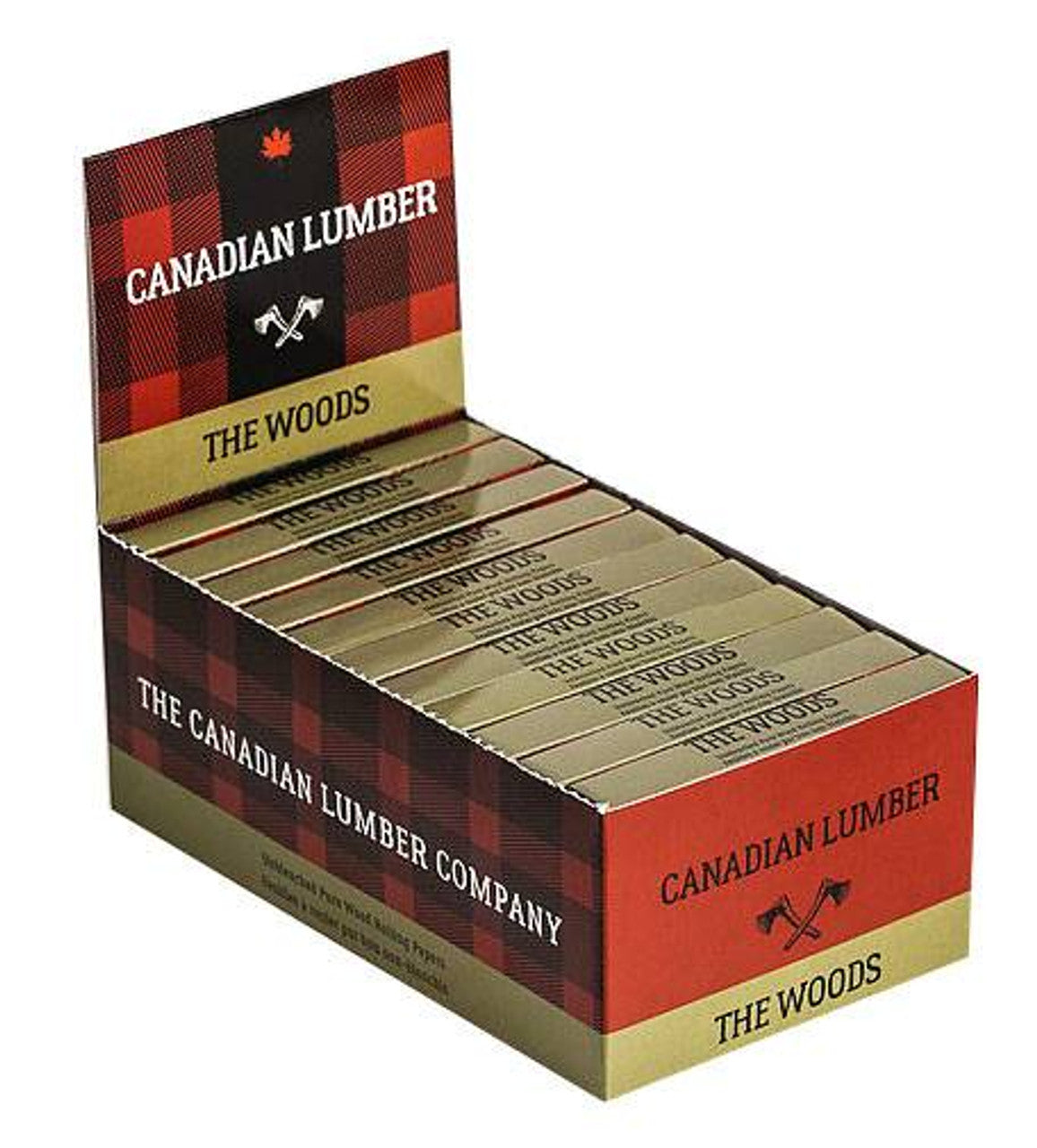 CANADIAN LUMBER WOODS UNBLEACHED PURE WOOD ROLLING PAPER 1¼" W/ TIPS  One and a quarter width, wrap enclosure including filter tips booklet with 40 leaves. 100% all natural, unbleached and untreated wood pulp paper. 12.5gsm 100% pure Arabic Gum unrefined pulp paper unbleached and unrefined filter tip paper stock