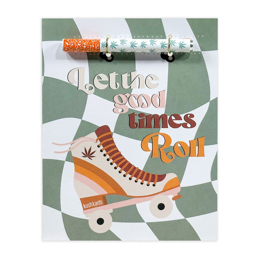 "A card for rollin' in the good times. There are so many ways to roll, and here is the perfect card to do just so! This brand new retro cannabis greeting card can be used for any occasion, so pick it up and write a message on the inside and give this card just because! Get this KushKard with the matching one-hitter and add your own flowers, or without and add your own pre-roll. However you roll, I hope it's good."
