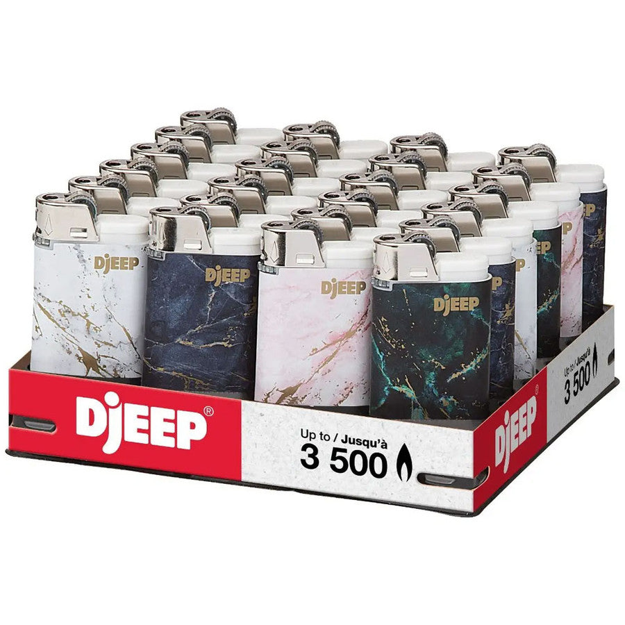 DJEEP STANDARD LIGHTERS  Ignite every occasion with this DJEEP LIMITED EDITION Collection four count pocket lighters pack featuring iridescent, textured geometric designs. Thanks to its three-tank fuel system, DJEEP lighters have a long life and last up to 3,500 lights. The pure isobutane fuel inside each pocket lighter makes a steady flame that you can adjust with the setting ring. This helps improve your lighter's fuel economy and ensures you get the right flame every time.