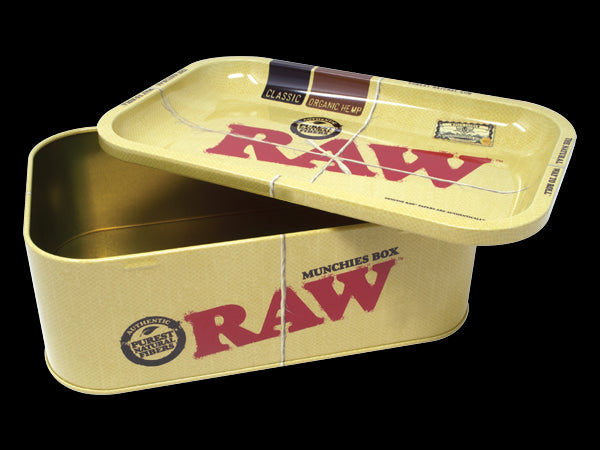 The RAW Cache Box features a storage base made of Acacia wood with a RAW rolling tray cover. The small RAW Classic Rolling Tray (which is also included) acts as a lid and fits perfectly atop the RAW Cachebox as you roll, organize and store your herbs and accessories.