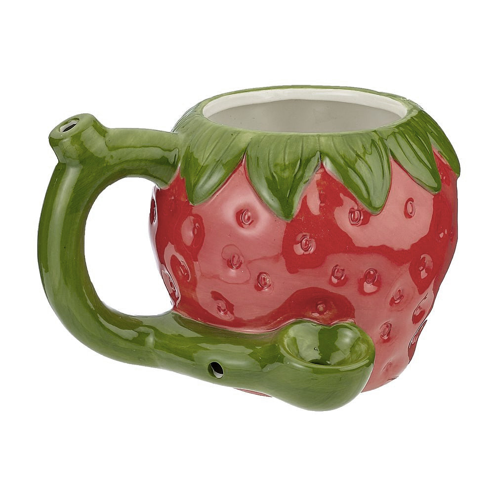 This strawberry themed novelty mug is made of ceramic and holds around 18oz. It is shaped like a real strawberry with a red body, a green handle and green leaves on top. The body has a scalloped shape that gives a 3-D feel.