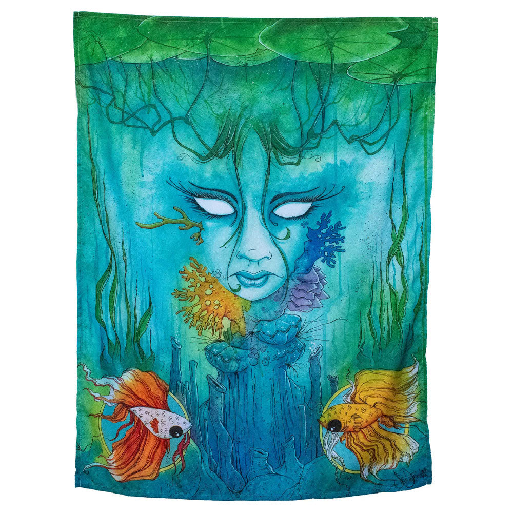 Sean Dietrich tapestries measures 30" by 40" and are made with 100% cotton. The Brackish tapestry features an ominous Brakish design of a looming water spirit staring into the deep waters and joined by two black-eyed fish, as portrayed by artist Sean Dietrich.