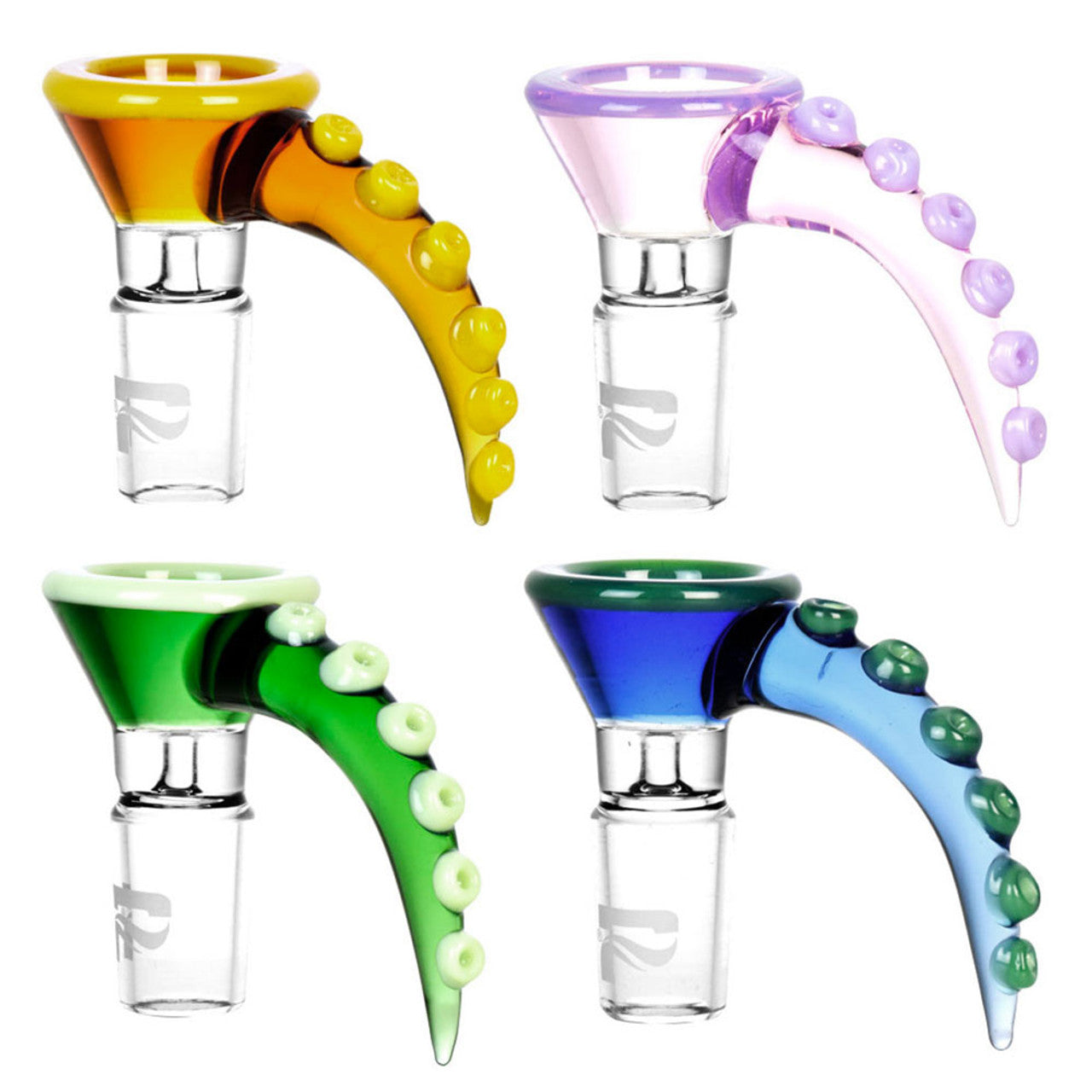 These Pulsar octopus tentacle bowls are made from quality coloured borosilicate glass. With an octopus tentacle style handle, users never have to worry about coming in contact with a heated bowl. Available with 14mm male joint sizes. Colours may vary from images.