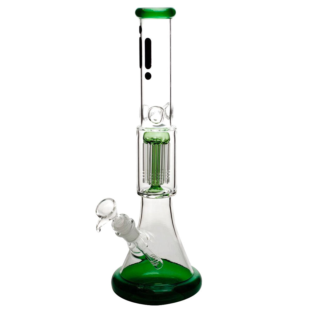 This glass water pipe is 14 inches tall, with a 14mm female joint. Featuring the Infyniti logo and colour accents on the base, tree perc and mouthpiece. 