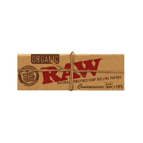 RAW ORGANIC UNBLEACHED CONNOISSEUR 1Â¼" W/ TIPS - BOX OF 24  The purest of the pure. New RAW Organic Hemp papers are thin, and free of bleaches, dyes and other impurities for a tasty smoke every time. Each pack contains tips to top off the perfect roll. 32 leaves per pack, 24 packs per box.
