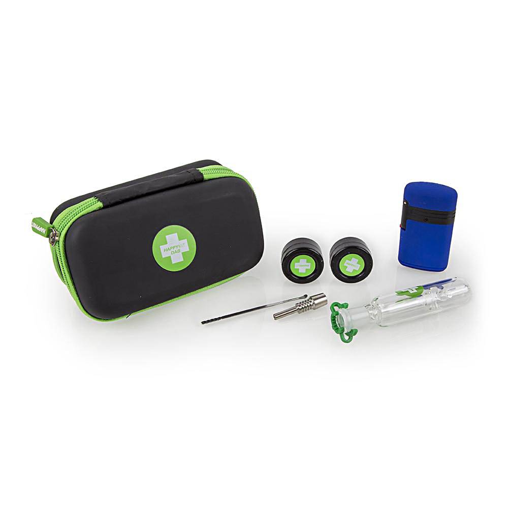 HAPPY DAB KIT W/ DUAL-FLAME TORCH, NECTAR COLLECTOR W/ TI TIP, TOOL & 2 SILICONE JARS (CASE MAY BE ASSORTED COLORS)