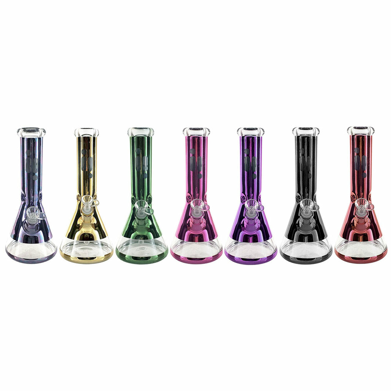 The infyniti Metallic Beaker stands 12 inches tall and features a glass body that looks nothing short of majestic. The 7 mm metallic beaker water pipe is a beauty to behold complete with a 14mm bowl and a 14mm downstem. Please note that colours may vary from images.