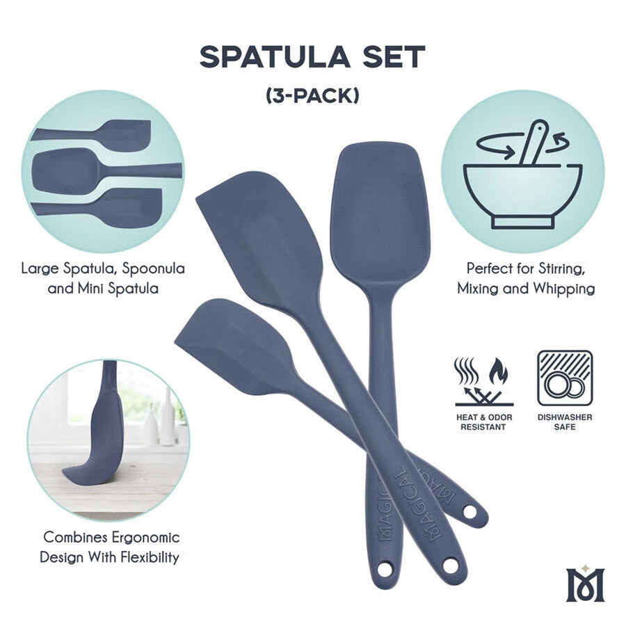 The versatile Magical Spatulas 3-Pack is perfect for all your mixing, scraping, flipping, and serving needs! Crafted from 100 percent pure silicone, these spatulas combine ergonomic design with flexibility and strength for maximum performance and durability. Comfort handles provide a firm, non-slip grip. Silicone construction means maximal heat resistance, easy cleaning, and a sleek, modern look. 