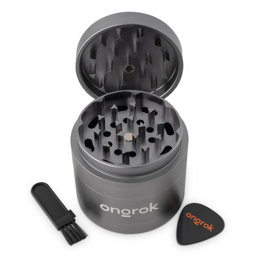 ONGROK 5 piece metal herb grinders are crafted out of solid, aircraft grade aluminium. Inside of the aesthetic finish, these grinders use sharp, pyramid shaped teeth to evenly mill herbs and provide an effortless fine grind. These 5 piece grinders feature a deep storage chamber with an airtight lid & o-ring seal to preserve freshness.