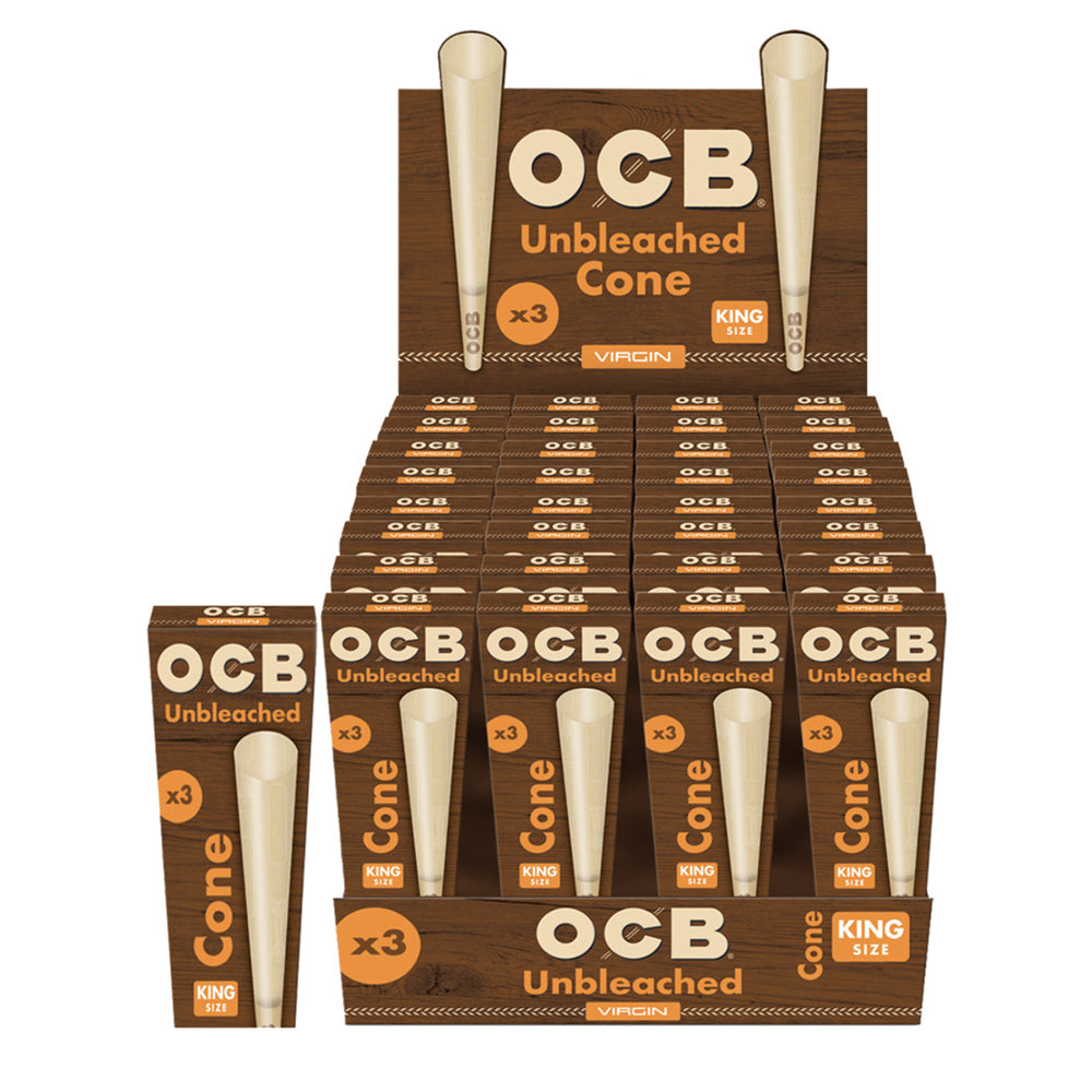 Unbleached Pre Roll Cones These OCB Unbleached Cones are made from virgin unbleached paper and pre-rolled for easily packing herb without the struggle of hand rolling. King Size OCB Virgin Unbleached Cones come with 3 cones per pack and aresold as a 32 piece box..
