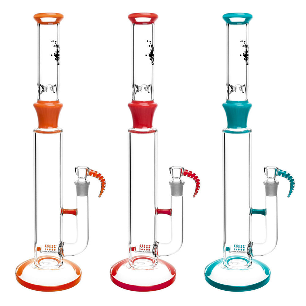 The Pulsar upscale horn bowl water pipe stands 17.5 inches tall and provides plenty of percolation space for all your smoke. This bong features a 3 pinch ice catcher for an added level of chill and an inline percolator.