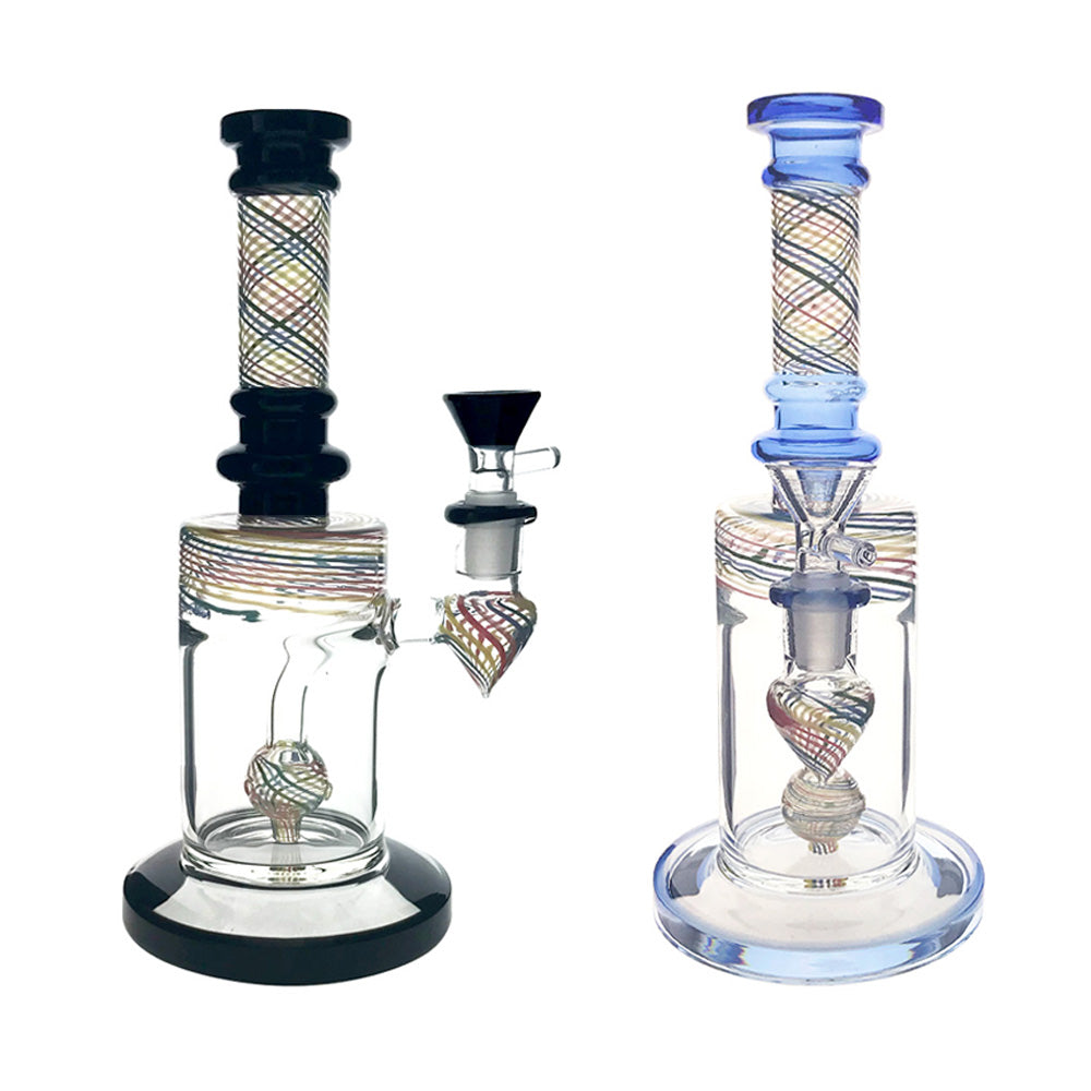 This bubbler is roughly 11" tall. It features a sphere perc, multi-coloured ribbon accents and assorted black or light blue colour accents. This piece also comes with a diffused downstem and a 14mm